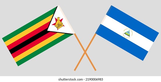 Crossed flags of Zimbabwe and Nicaragua. Official colors. Correct proportion. Vector illustration
