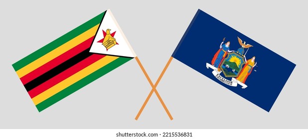 Banderas cruzadas de Zimbabwe y el estado de Nueva York. Colores oficiales. Proporción correcta. Ilustración del vector
