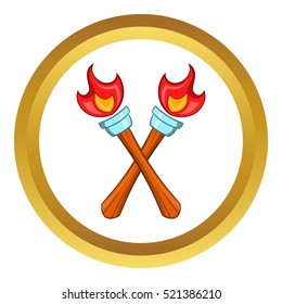 Crossed flaming torches vector icon in golden circle, cartoon style isolated on white background