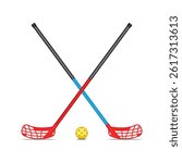 Crossed floorball sticks with red blades, black grips and blue shafts with perforated plastic ball, isolated on white background, realistic 3d vector sports equipment clipart.