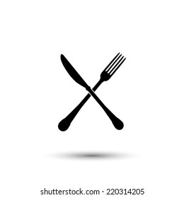 crossed fork and knife icon - black vector illustration 