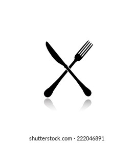 crossed fork and knife icon - black vector illustration with reflection