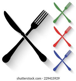 crossed fork and knife icon - black and colored (green, red, blue) illustration with shadow