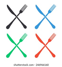 crossed fork and knife icon - colored vector illustration