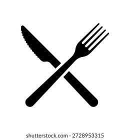 Gabel und Messersymbol gekreuzt. Besteck. Schwarze Silhouette. Vorder- und Seitenansicht. Vektorgrafik mit einfacher flacher Grafik. Isoliertes Objekt auf weißem Hintergrund.
