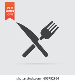 Crossed fork and knife icon in flat style isolated on grey background. For your design, logo. Vector illustration.