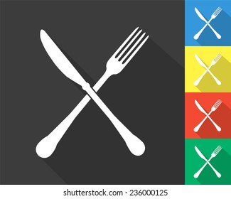 crossed fork and knife icon - gray and colored (blue, yellow, red, green) vector illustration with long shadow