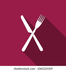 Crossed fork and knife icon isolated with long shadow. Restaurant icon. Flat design. Vector Illustration