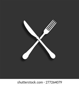 Crossed fork and knife icon with shadow - vector illustration