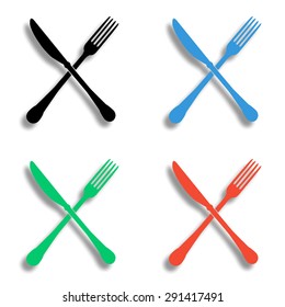 crossed fork and and knife icon with shadow - colored vector set