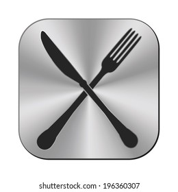 crossed fork and knife icon - vector metal button
