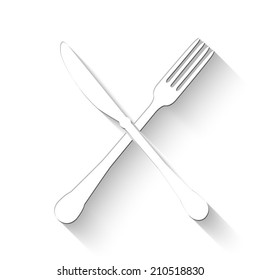 crossed fork and knife icon - white vector illustration with shadow