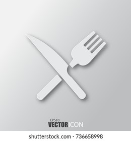 Crossed fork and knife icon in white style with shadow isolated on grey background. For your design, logo. Vector illustration.