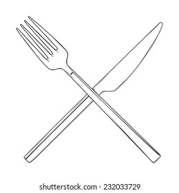 Crossed Fork and Knife isolated on a white background. Cutlery concept. Hand drawn line art. Retro design. Vector illustration.