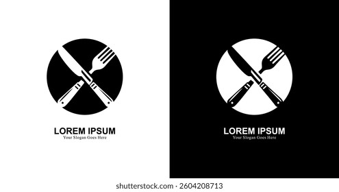 Crossed fork and knife logo design combined with a circle