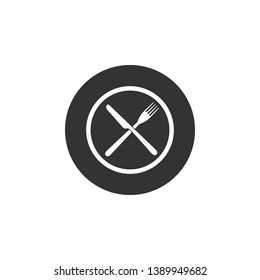 Crossed fork and knife on plate icon isolated. Restaurant symbol. Flat design. Vector Illustration