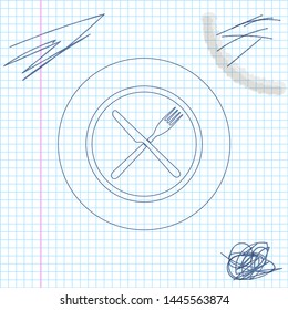 Crossed fork and knife on plate line sketch icon isolated on white background. Restaurant symbol. Vector Illustration