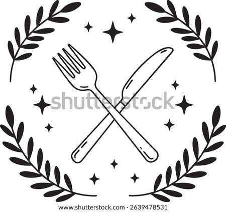 Crossed Fork and Knife Silhouette Black and White Line Art