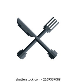 Crossed fork and knife vector icon. Pixel art. 8 bit logo for game. eps10