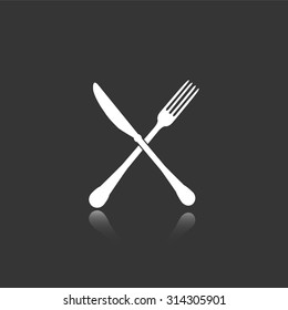 crossed fork and knofe vector icon with mirror reflection