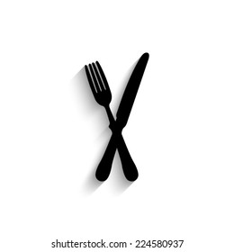 crossed fork over knife - black vector icon with shadow