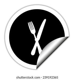 crossed fork over knife - black vector icon. Round sticker.