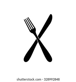 crossed fork over knife - black vector icon