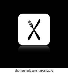 crossed fork over knife - black vector icon on the white button