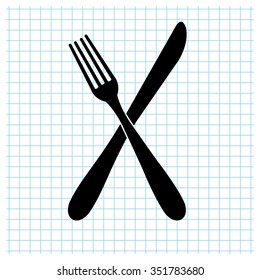 crossed fork over knife - black vector icon