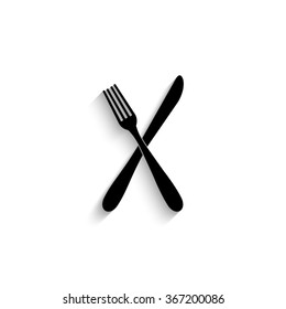 crossed fork over knife - black vector icon  with shadow