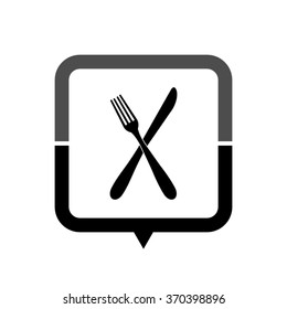 crossed fork over knife - black vector icon; map pointer;  message bubble