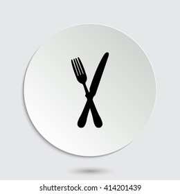 crossed fork over knife - black vector  icon with shadow