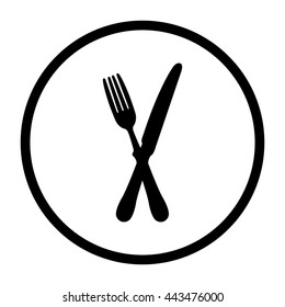 crossed fork over knife  - black vector icon