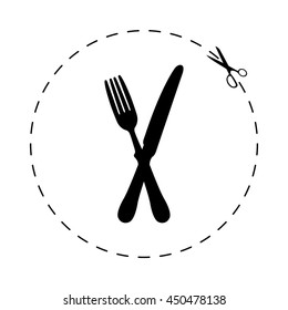 crossed fork over knife  - black vector icon