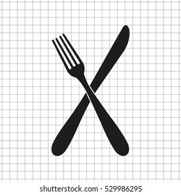 crossed fork over knife  - black vector icon