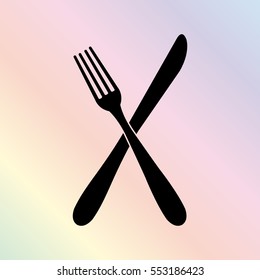 crossed fork over knife  - black vector icon