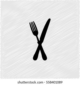 crossed fork over knife  - black vector icon