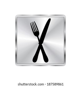 crossed fork over knife icon - vector brushed metal button