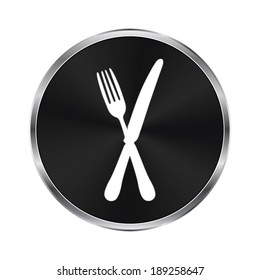 crossed fork over knife icon - vector brushed metal button