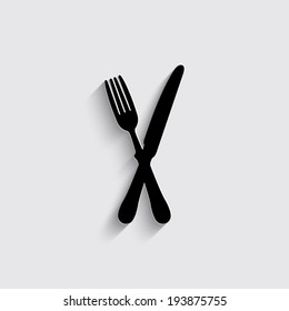 crossed fork over knife icon with shadow on a grey background