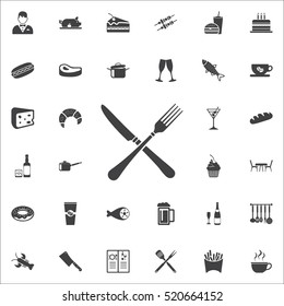 crossed fork over knife icon on the white background. restaurant set of icons