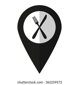 crossed fork over knife - vector icon;  black map pointer