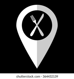 crossed fork over knife - white vector icon;  map pointer