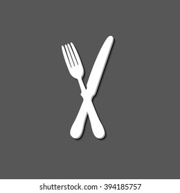 crossed fork over knife - white vector  icon with shadow