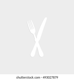 crossed fork over knife - white vector  icon with shadow