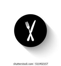 crossed fork over knife - white vector  icon with shadow
