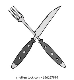 Crossed Fork over Steak Knife. Food Icon. Isolated On a White Background. Realistic Doodle Cartoon Style Hand Drawn Sketch Vector Illustration.