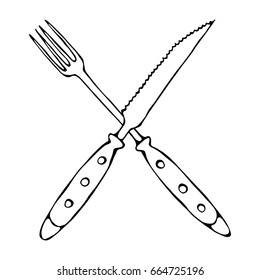 Crossed Fork over Steak Knife. Food Icon. Realistic Doodle Cartoon Style Hand Drawn Sketch Vector Illustration.Isolated On a White Background.