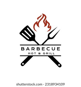 Crossed Fork, spatula with fire flame logo bbq, barbecue logo design vector