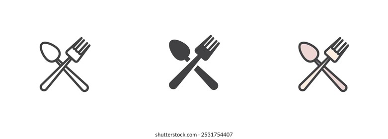 Crossed fork and spoon different style icon set. Line, glyph and filled outline colorful version, outline and filled vector sign. Restaurant symbol, logo illustration. Vector graphics